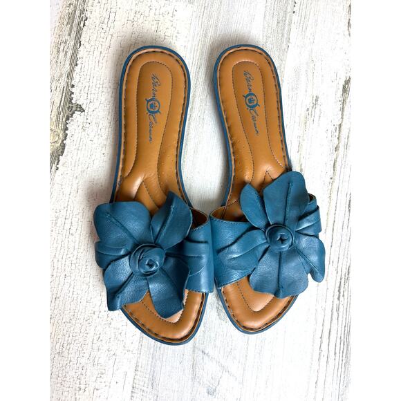 Born Crown Women’s 10 Blue Leather Floral Flat Slip-On Sandal Designer Shoe - Picture 2 of 8
